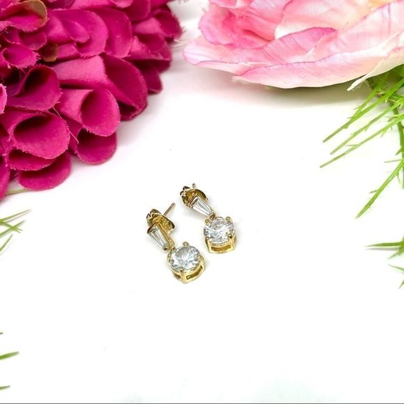 VINTAGE⚜️14K STERLING SILVER Cubic Zirconia Dangly Earrings - Picture 1 of 11